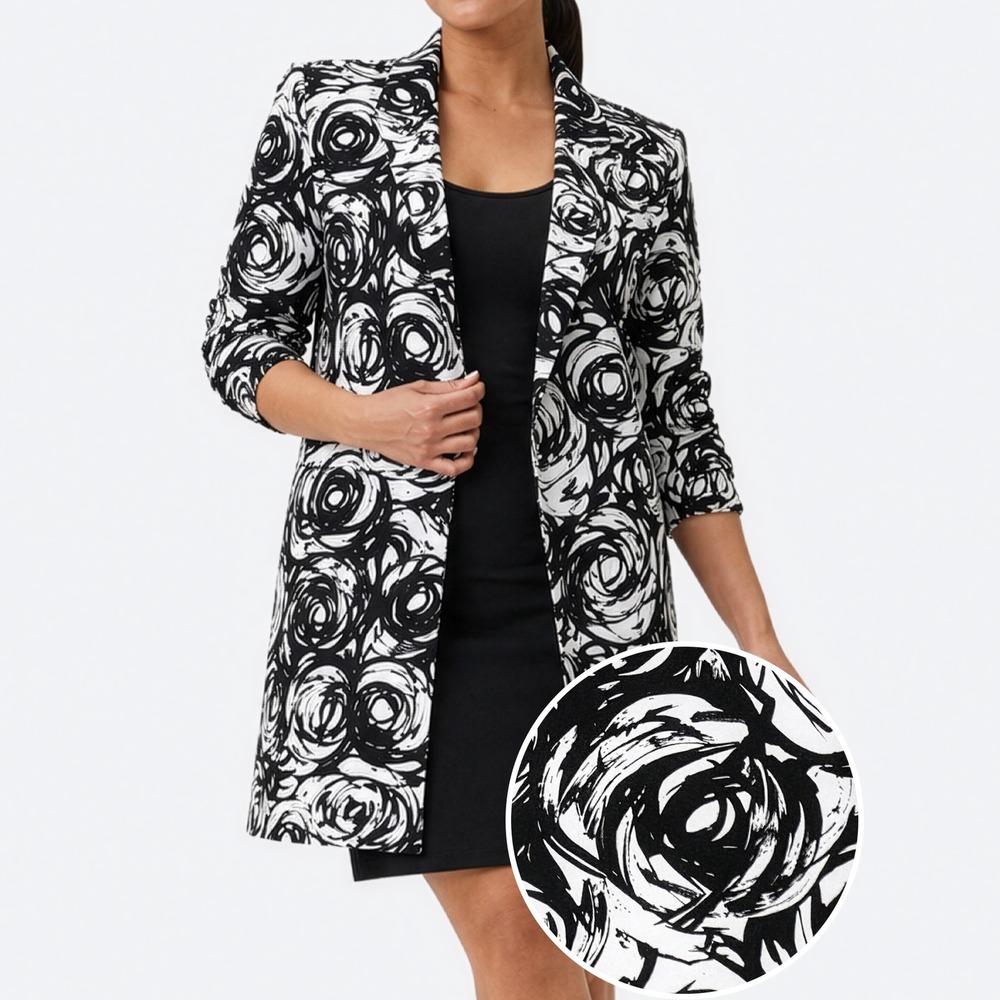 MetroStyle Graphic Rose Print L XL 1X Black White Longline Blazer Jacket Vintage